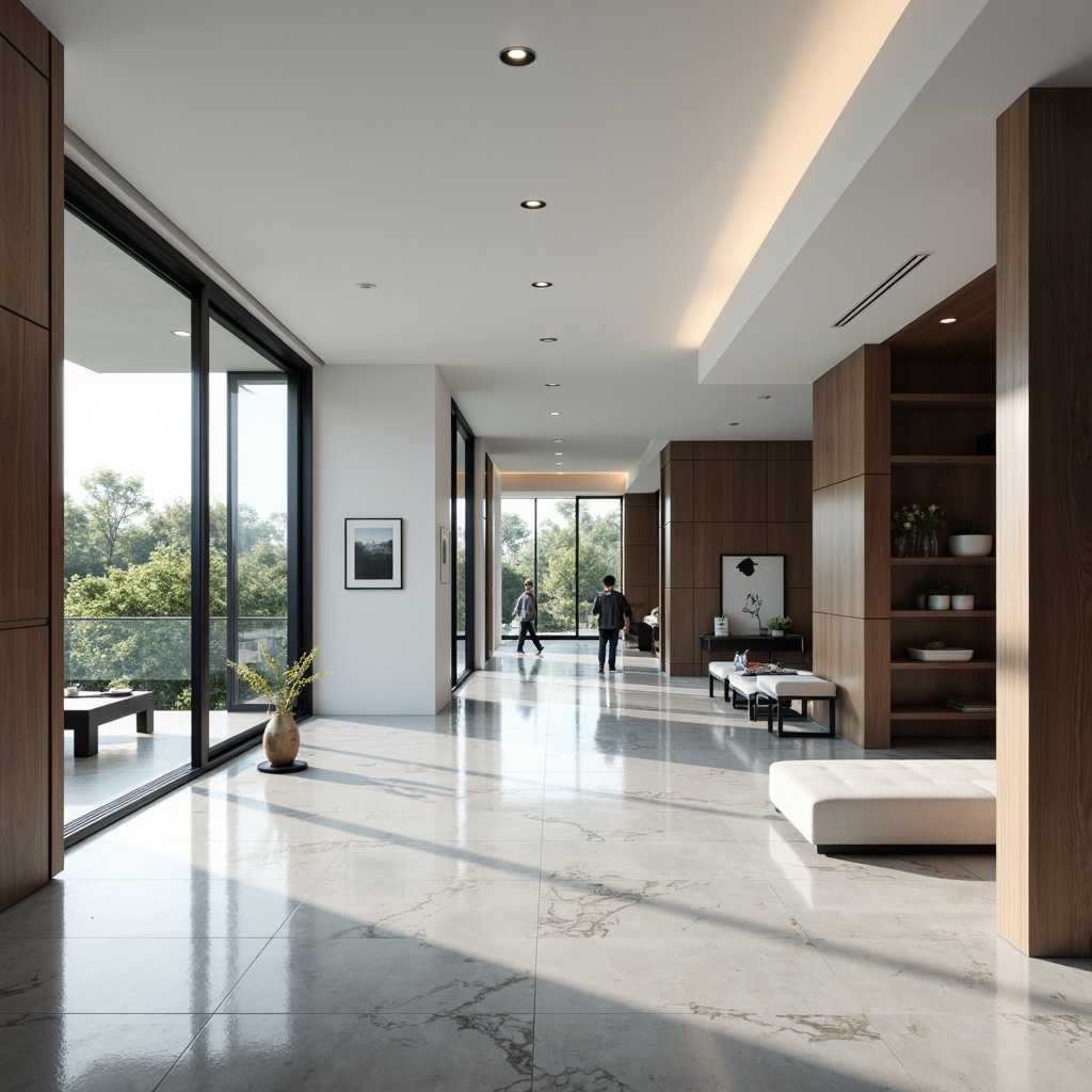 Prompt: Minimalist modern interior, sleek lines, monochromatic color scheme, polished marble floors, floor-to-ceiling windows, sliding glass doors, low-profile furniture, geometric patterns, metallic accents, recessed lighting, ambient illumination, 1/1 composition, shallow depth of field, softbox lighting, realistic textures, subtle reflections.