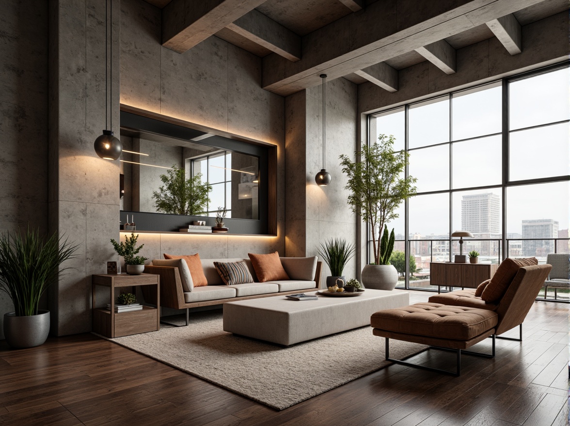 Prompt: Industrial-chic modern interior, exposed concrete walls, rough-textured finishes, metallic accents, sleek minimalist decor, low-hanging lamps, polished wood floors, contemporary furniture designs, urban loft atmosphere, natural daylight, soft diffused lighting, 1/2 composition, shallow depth of field, warm color palette.