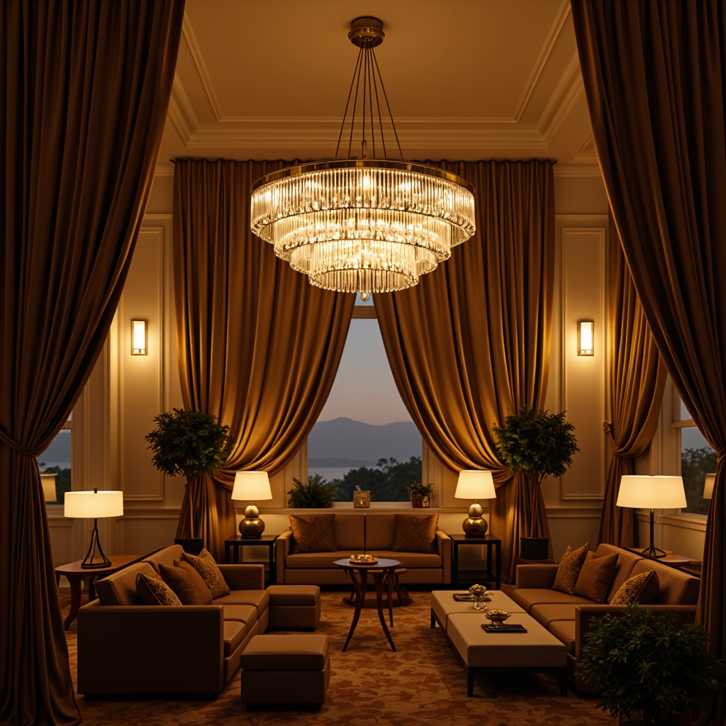 Prompt: Elegant chandeliers, crystal droplets, luxurious fabrics, warm golden lighting, cozy atmosphere, intimate settings, dimmable bulbs, soft focus lenses, shallow depth of field, 1/1 composition, realistic textures, ambient occlusion, modern minimalist design, sleek metal shades, sophisticated interior decor, lavish furnishings, ornate details, opulent ambiance.