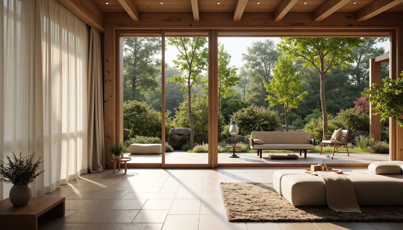 Prompt: Minimalist living room, floor-to-ceiling windows, sliding glass doors, natural stone flooring, wooden accents, plush area rug, comfortable sofa, pendant lighting, sheer curtains, abundant greenery, blooming plants, warm sunny day, soft gentle lighting, shallow depth of field, 3/4 composition, realistic textures, ambient occlusion.