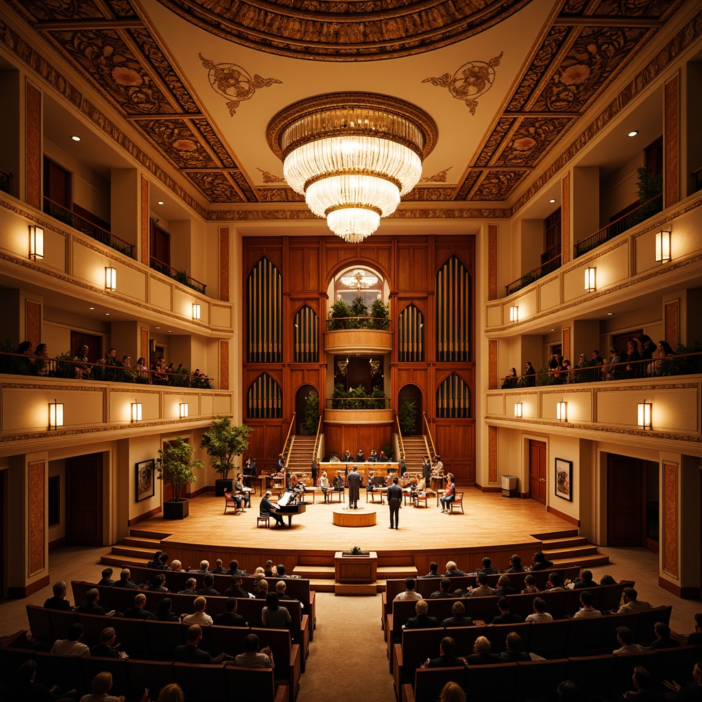 Prompt: Elegant concert hall, ornate chandeliers, polished wooden floors, premium sound systems, acoustic panels, tiered seating, grand pianos, violin-shaped balconies, classic architectural details, warm golden lighting, shallow depth of field, 2/3 composition, intimate atmosphere, soft warm colors, rich textiles, sophisticated furnishings, refined audience, dramatic spotlights, subtle shadows, high ceilings, intricate moldings, ornate railings, luxurious finishes.