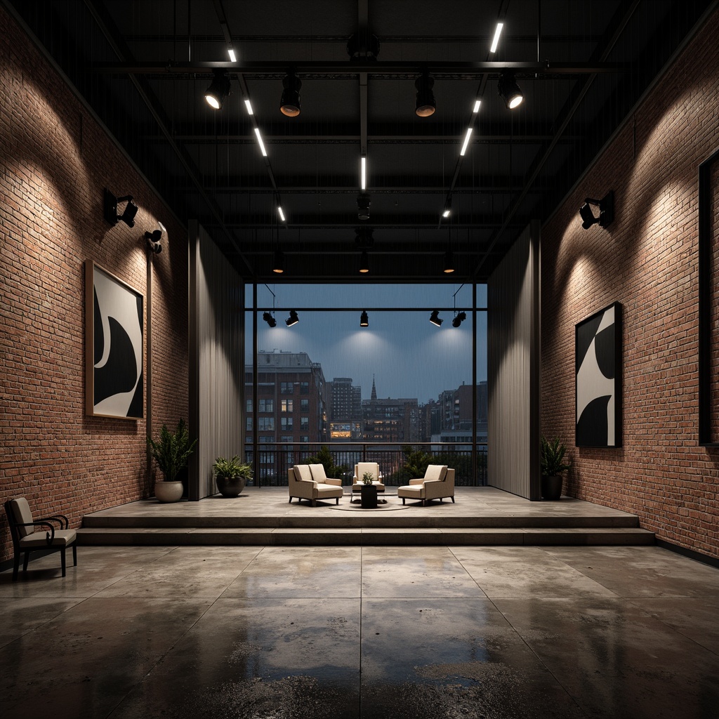 Prompt: Exposed brick walls, industrial concrete floors, minimalist stage design, geometric acoustic panels, abstract artwork, modern LED lighting, edgy metallic accents, functional furniture, monochromatic color scheme, urban cityscape views, rainy evening atmosphere, dramatic spotlights, 1/1 composition, high contrast, cinematic ambiance.