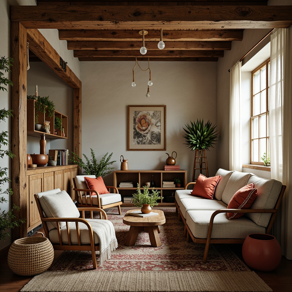 Prompt: Rustic farmhouse interior, eclectic style, vintage furniture, distressed wood accents, woven textiles, colorful throw pillows, natural fabrics, earthy tones, linen upholstery, cotton lace curtains, woven baskets, rattan armchairs, plush area rugs, warm candlelight, soft focus, shallow depth of field, 1/1 composition, cozy atmosphere, inviting ambiance.