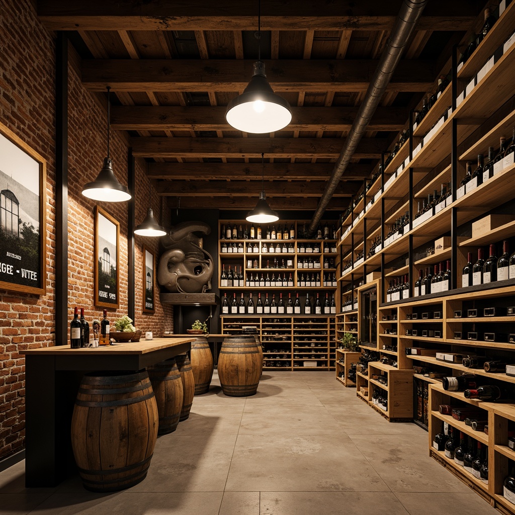 Prompt: Rustic industrial wine cellar, distressed wooden crates, metal shelving units, reclaimed wood accents, exposed brick walls, dimly lit atmosphere, warm golden lighting, vintage wine barrels, antique wine-making equipment, modern minimalist decor, polished concrete floors, steel beams, urban loft-inspired design, functional storage systems, label-forward bottle display, horizontal wine racking, floor-to-ceiling shelving, softbox LED lighting, 3/4 composition, shallow depth of field, realistic textures.