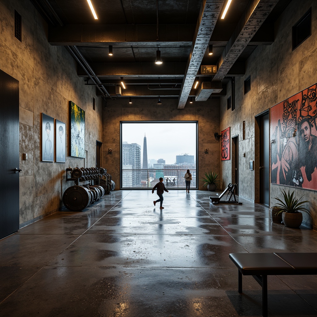 Prompt: Exposed concrete walls, rugged industrial floors, metal beams, raw ductwork, urban cityscape views, fitness equipment silhouettes, brutalist architecture, minimalist decor, stark lighting, dramatic shadows, bold color accents, distressed wood textures, weathered steel surfaces, geometric patterns, abstract street art, dynamic angular lines, 1/1 composition, high contrast imagery, gritty realistic textures, atmospheric fog effects.