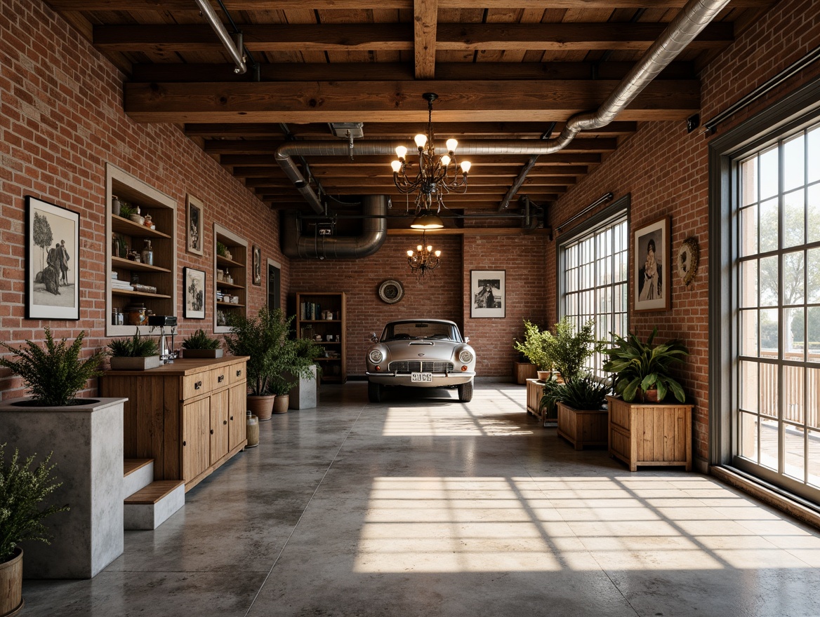 Prompt: Rustic garage interior, reclaimed wood flooring, distressed metal accents, earthy tones, warm lighting, exposed brick walls, wooden crates, vintage car displays, industrial-chic decor, polished concrete floors, epoxy resin coatings, matte finish, textured surfaces, natural stone pavers, rustic wooden beams, cozy atmosphere, soft shadows, 1/1 composition, realistic textures, ambient occlusion.