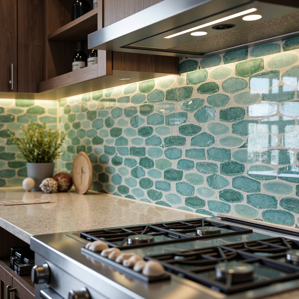 Prompt: Coastal kitchen backsplash, ocean-inspired design, wave-patterned tiles, sea glass accents, driftwood-textured surfaces, calming blue-green hues, subtle shell details, beachy vibe, natural stone countertops, stainless steel appliances, modern cabinetry, LED lighting, warm ambient glow, 3/4 composition, shallow depth of field, realistic textures.