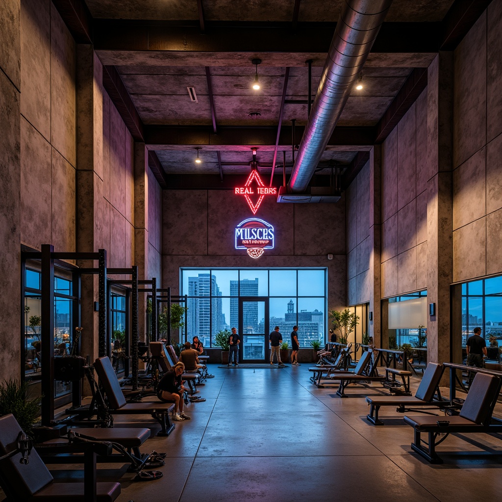 Prompt: Rugged brutalist architecture, industrial-style fitness club, exposed concrete walls, metallic beams, raw steel equipment, neon-lit signage, urban cityscape views, nighttime illumination, shallow depth of field, 1/2 composition, low-angle shot, dramatic shadows, high-contrast lighting, realistic textures, ambient occlusion, modern gym machinery, free weights area, cardio zone, strength training section, group fitness studio, mirrored walls, polished metal floors.