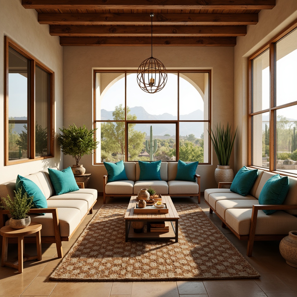 Prompt: Cozy southwestern family room, warm earthy tones, comfortable plush sofas, vibrant turquoise accents, natural woven textiles, wooden coffee tables, rustic metal frames, geometric patterned rugs, succulent plants, stoneware vases, warm LED lighting, soft beige walls, large windows, panoramic desert views, cactus silhouettes, sunny afternoon, shallow depth of field, 1/1 composition, realistic wood textures, ambient occlusion.