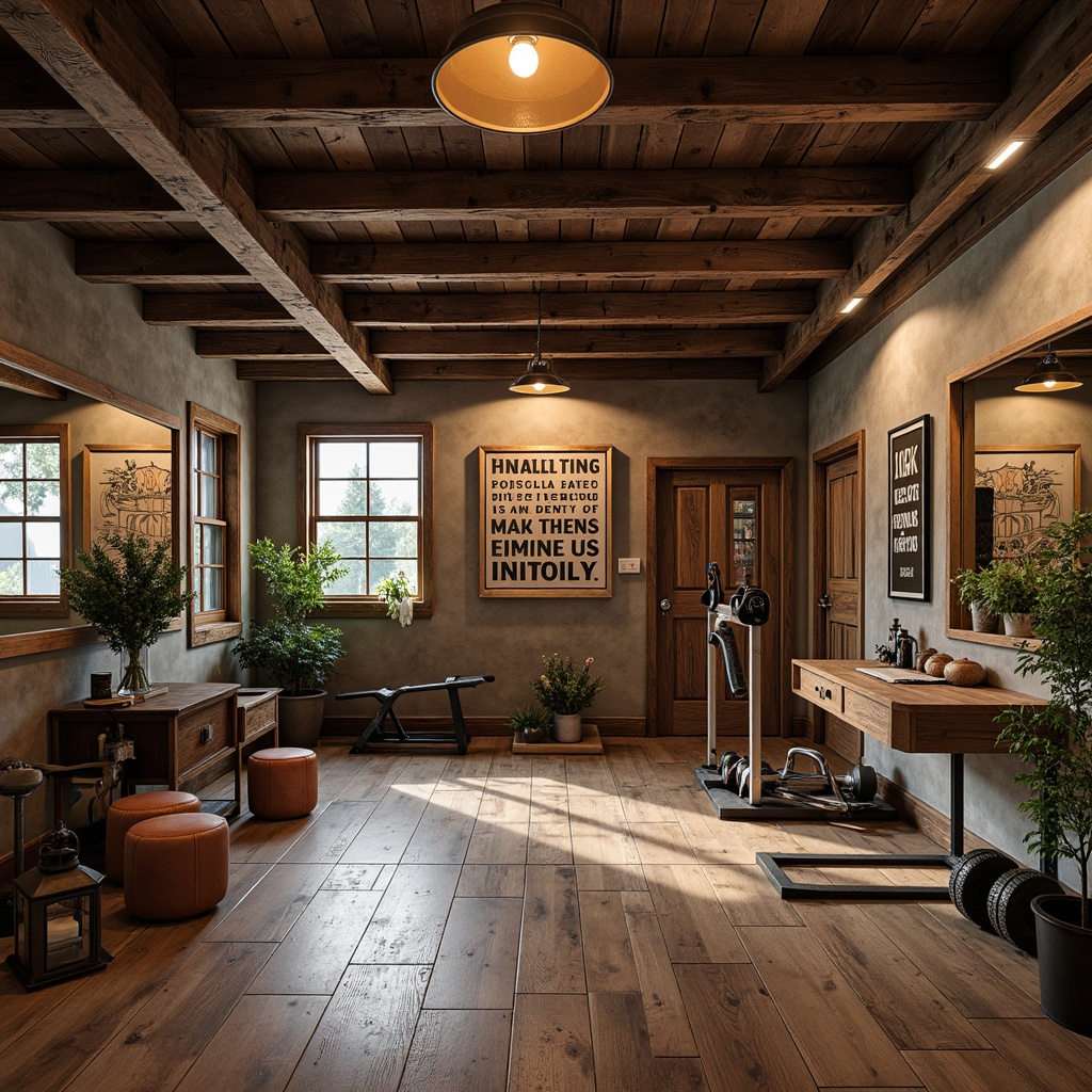 Prompt: Rustic home gym, wooden accents, reclaimed wood flooring, distressed metal beams, vintage sports equipment, rustic lanterns, warm ambient lighting, pendant lamps, metal shades, earthy tones, natural textures, stone walls, exposed brick, industrial-chic decor, motivational quotes, athletic-inspired artwork, functional storage units, mirrored surfaces, softbox lighting, 1/1 composition, realistic reflections, subtle color grading.