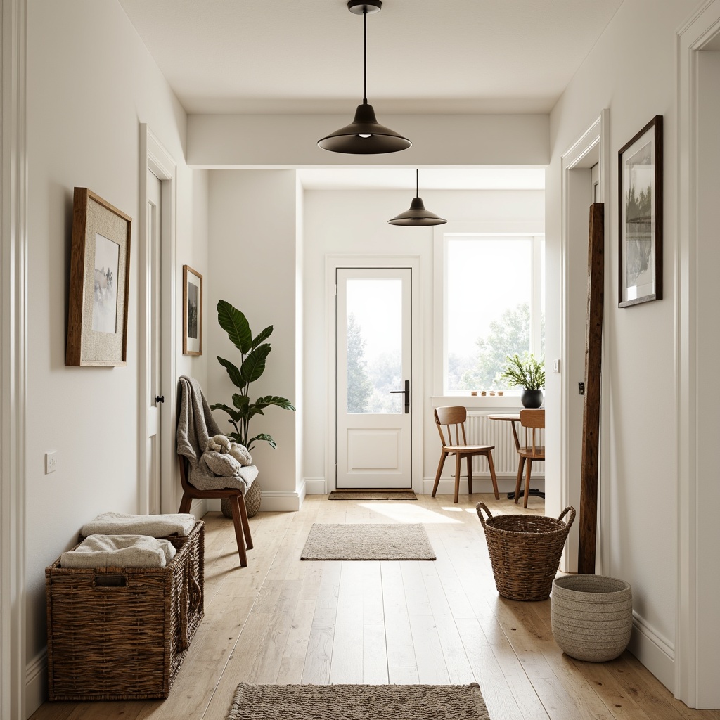 Prompt: Light-filled Scandinavian hallway, minimalist decor, creamy white walls, wooden floorboards, natural textiles, woven baskets, industrial metal lighting fixtures, reclaimed wood accents, monochromatic color palette, subtle patterned rugs, cozy throw blankets, nature-inspired artwork, soft warm lighting, shallow depth of field, 1/1 composition, realistic textures, ambient occlusion.