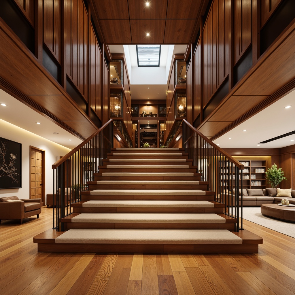 Prompt: Luxurious staircase, rich wood tones, polished hardwood flooring, sleek metal railings, elegant carpeting, soft plush piles, durable vinyl strips, anti-slip coatings, warm ambient lighting, comfortable landing areas, flowing curved lines, spacious open risers, modern minimalist design, functional storage spaces, cozy reading nooks.