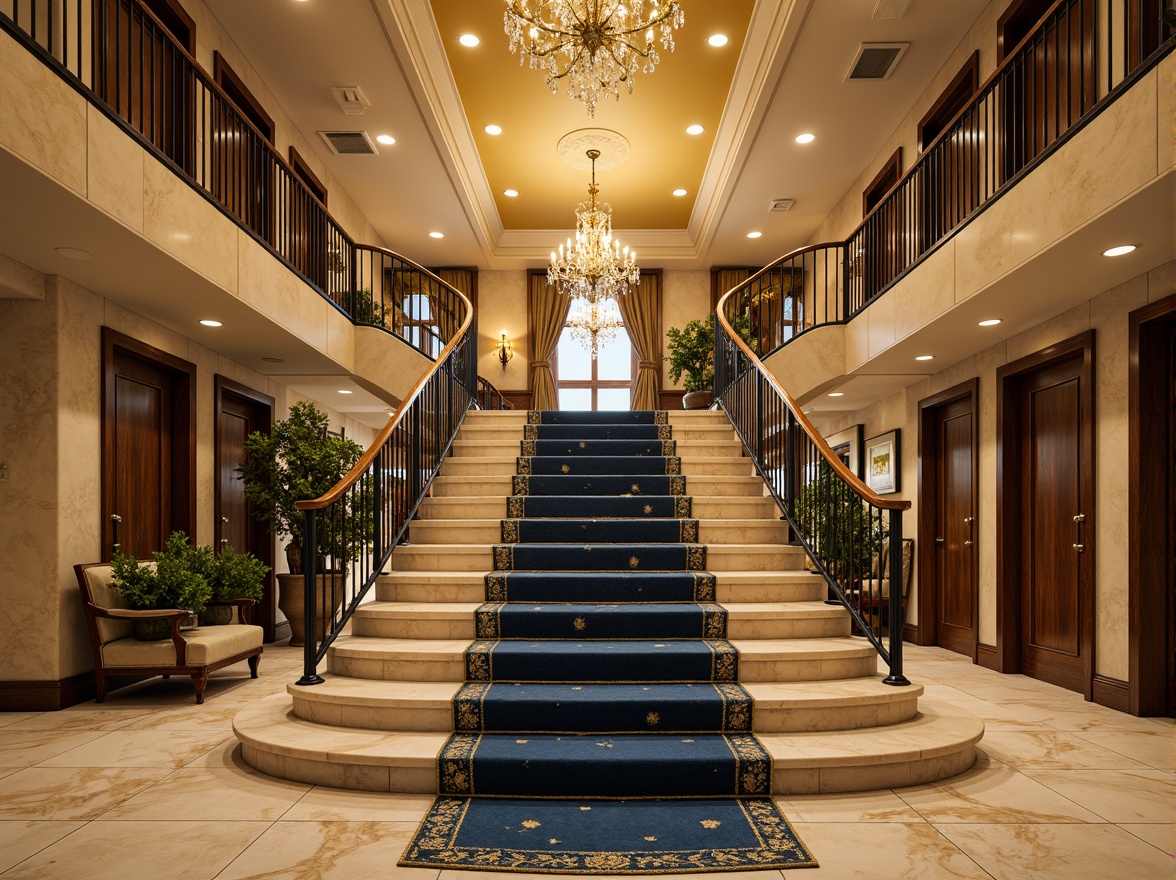 Prompt: Grand staircase, luxurious carpeted steps, ornate metal banisters, rich wood tones, creamy marble walls, crystal chandeliers, opulent gold accents, dramatic high ceilings, soft warm lighting, 3/4 composition, shallow depth of field, realistic textures, ambient occlusion, warm beige color palette, deep blue undertones, golden yellow highlights, velvety smooth finishes, intricate carvings, elegant curves, sophisticated modern design.