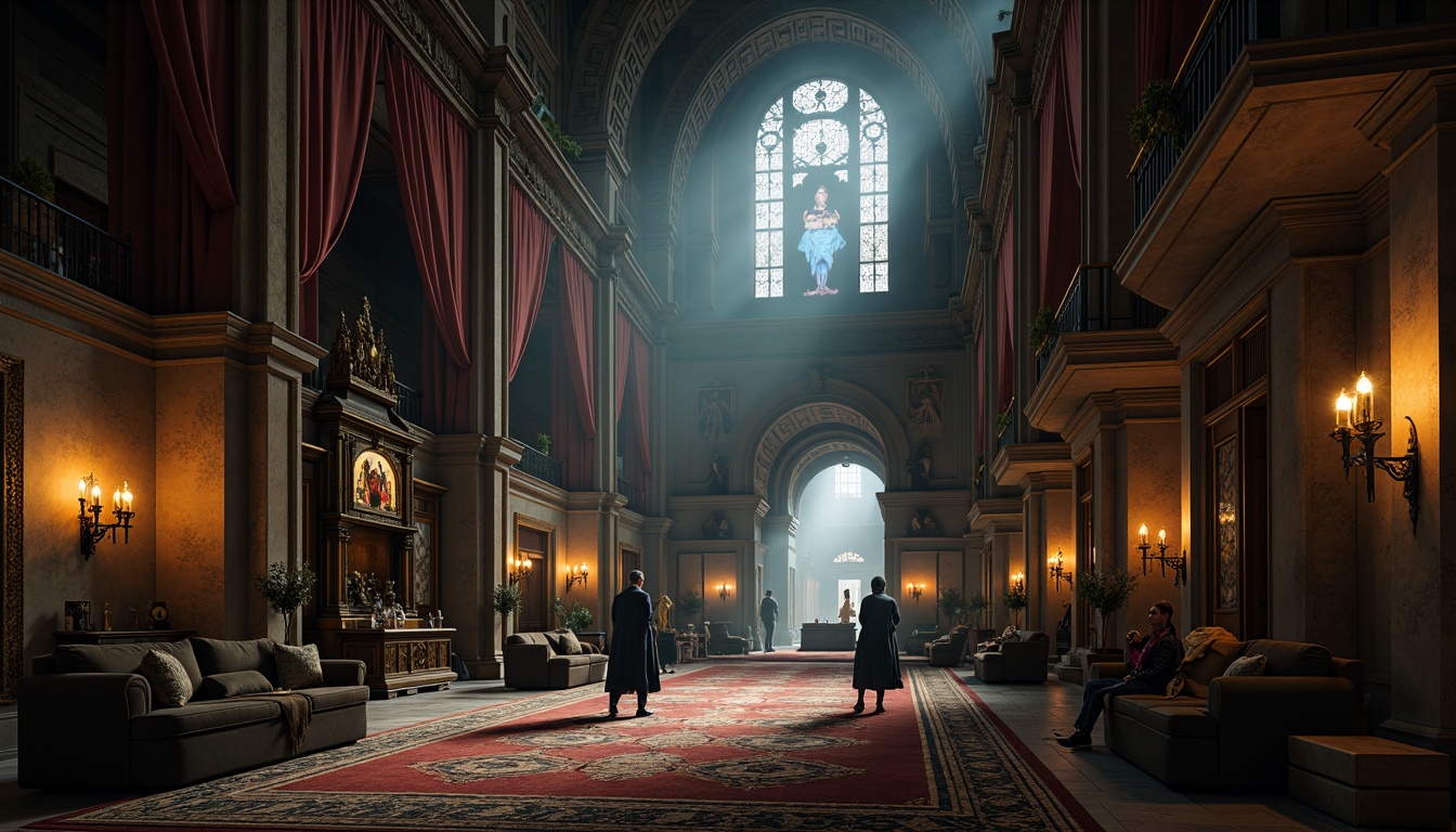 Prompt: Grandiose cathedral ceilings, ornate stone carvings, mysterious dim lighting, rich velvet drapes, intricately patterned rugs, luxurious metal accents, bronze candelabras, iron chandeliers, ornamental hinges, lavish furnishings, mystical symbols, eerie atmosphere, misty foggy effects, low-key warm lighting, dramatic shadows, 3/4 composition, cinematic view, realistic textures, ambient occlusion.