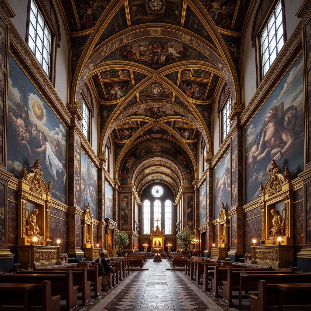 Prompt: Grand Renaissance church interior, vaulted ceiling with ornate ribs, golden accents, intricate frescoes, stained glass windows, marble flooring, ornate pulpits, gilded altarpieces, Baroque-era sculptures, soft warm lighting, dramatic shadows, high contrast ratio, 1/1 composition, symmetrical framing, realistic textures, ambient occlusion.