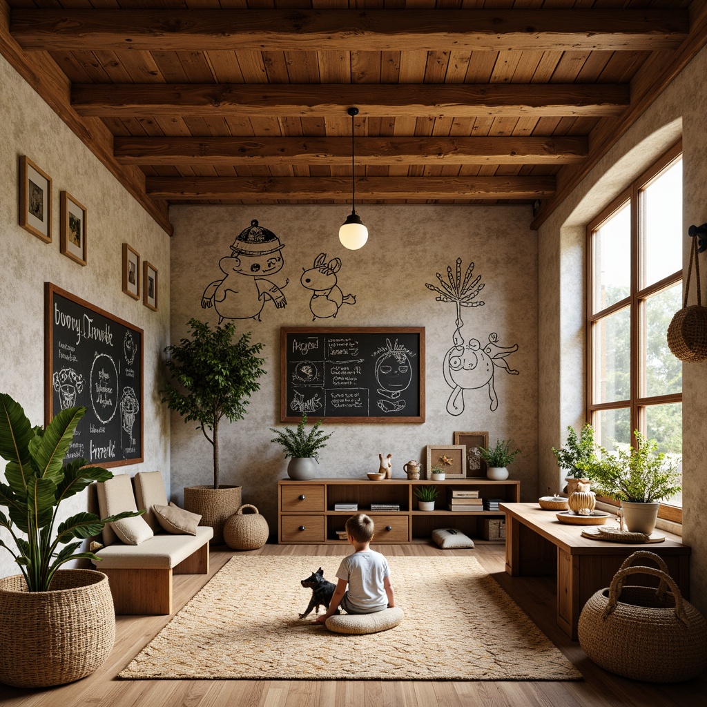 Prompt: Rustic kindergarten, wooden accents, earthy tones, natural stone walls, distressed brick textures, vintage-inspired murals, playful graffiti, whimsical illustrations, chalkboard surfaces, woven basket-weave patterns, rough-hewn wood planks, soft warm lighting, cozy nooks, eclectic decorative elements, nature-inspired art pieces, organic shapes, tactile materials, inviting atmosphere, 1/2 composition, shallow depth of field, realistic textures, ambient occlusion.