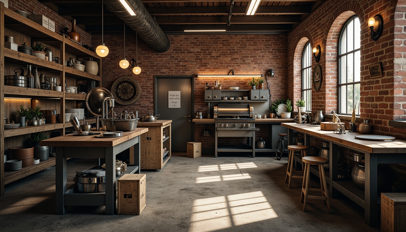 Prompt: Rustic workshop interior, metallic machinery, steel workbenches, industrial lighting fixtures, exposed brick walls, concrete floors, metal shelving units, wooden crates, vintage tools, distressed finishes, warm color palette, softbox lighting, shallow depth of field, 1/2 composition, realistic textures, ambient occlusion.