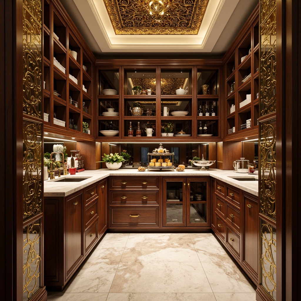 Prompt: Glamorous pantry interior, ornate metalwork, lavish cabinetry, polished chrome accents, geometric patterns, rich wood tones, velvet-smooth countertops, beveled glass displays, luxurious marble flooring, warm golden lighting, soft focus, shallow depth of field, 1/2 composition, elegant symmetry, stylized florals, metallic sheen, opulent materials, dramatic shadows.