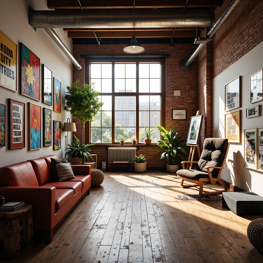 Prompt: Vibrant art studio, natural light pouring in, wooden floors, eclectic furniture, colorful artwork, abstract expressionism, bold brushstrokes, textured canvases, artistic freedom, inspiring quotes, minimal decorations, industrial chic, exposed brick walls, metal beams, modern architectural design, warm atmospheric lighting, shallow depth of field, 1/2 composition, realistic textures, ambient occlusion.