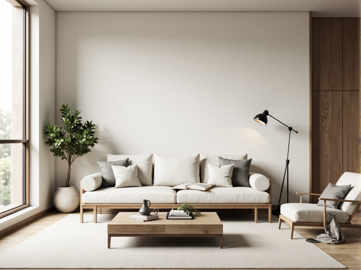 Prompt: Monochromatic living room, sleek low-profile sofa, minimalist coffee table, floor-to-ceiling windows, natural wood accents, soft cream-colored walls, sparse decorative objects, elegant floor lamps, subtle textures, simple shapes, calming atmosphere, warm ambient lighting, shallow depth of field, 1/2 composition, realistic reflections, ambient occlusion.