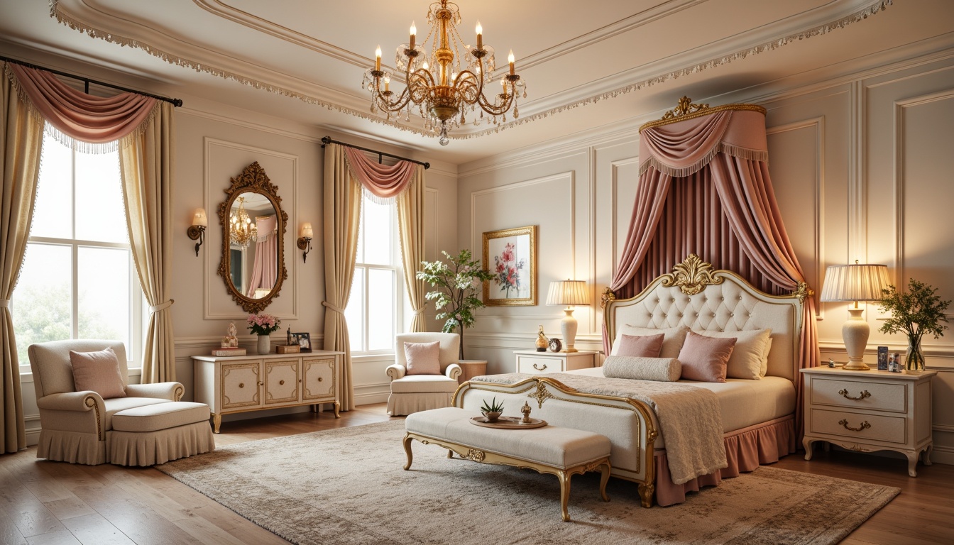 Prompt: Whimsical kids' bedroom, soft pastel colors, ornate Rococo furniture, delicate carvings, luxurious velvet fabrics, intricate patterns, lavish chandeliers, sparkling crystals, warm golden lighting, table lamps with floral motifs, floor-to-ceiling drapery, tassel-adorned curtains, plush area rugs, creamy whites, rich wood accents, antique decorative pieces, majestic four-poster bed, delicate lace trimmings, shimmering string lights, 1/2 composition, soft focus, warm color palette.