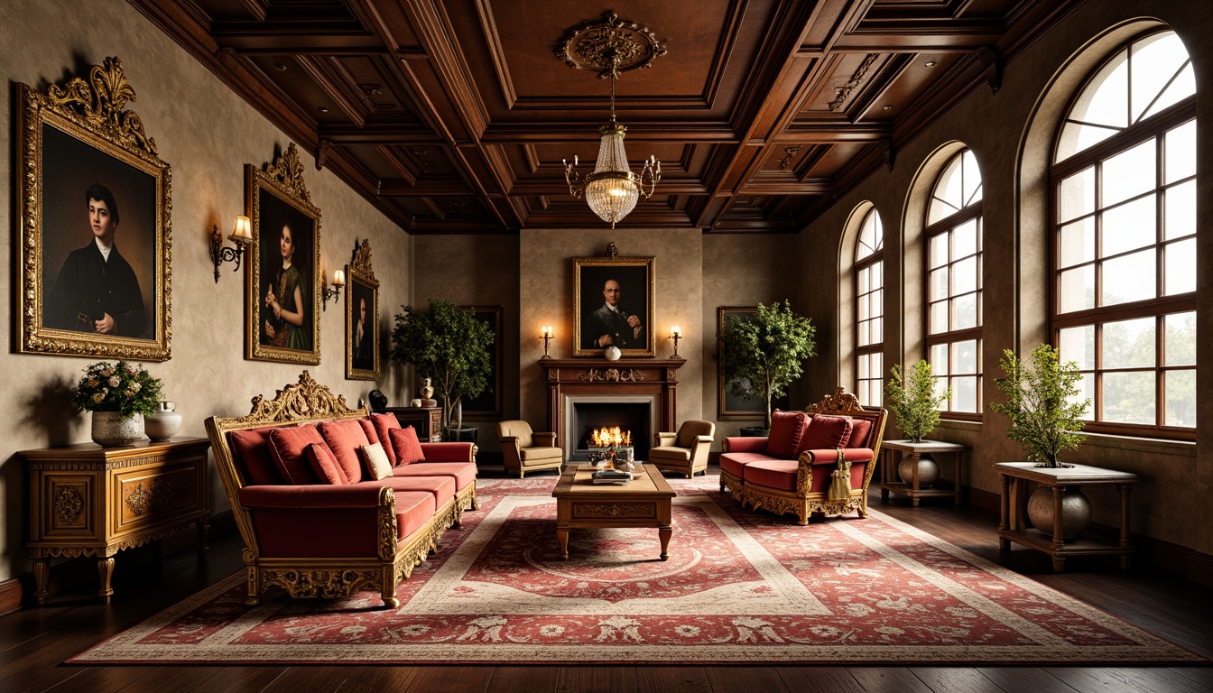 Prompt: Ornate wooden furniture, intricately carved details, luxurious velvet upholstery, richly patterned rugs, grand chandeliers, ornamental mirrors, Renaissance-inspired artwork, stately columns, archways, high ceilings, large windows, classic stone walls, warm golden lighting, 1/1 composition, shallow depth of field, realistic textures, ambient occlusion.