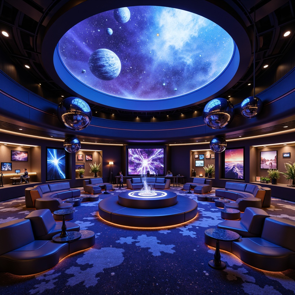 Prompt: Cosmic planetarium interior, futuristic space-inspired furniture, curved lines, metallic accents, neon-lit ambient lighting, starry night sky projections, astronomy-themed decor, sleek leather sofas, minimalist coffee tables, spherical chandeliers, glow-in-the-dark accents, zero-gravity-inspired seating, celestial patterned rugs, dark blue and purple color scheme, 3D astronomical visualizations, immersive audio systems, circular stages, interactive exhibit displays.