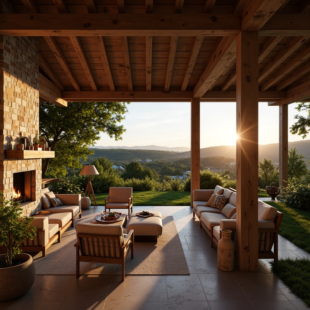 Prompt: Rustic villa, wooden accents, exposed beams, natural stone walls, earthy color palette, cozy fireplaces, plush furnishings, verdant gardens, rolling hills, countryside views, warm sunset lighting, shallow depth of field, 1/1 composition, realistic textures, ambient occlusion, soft shadows, intimate atmosphere.