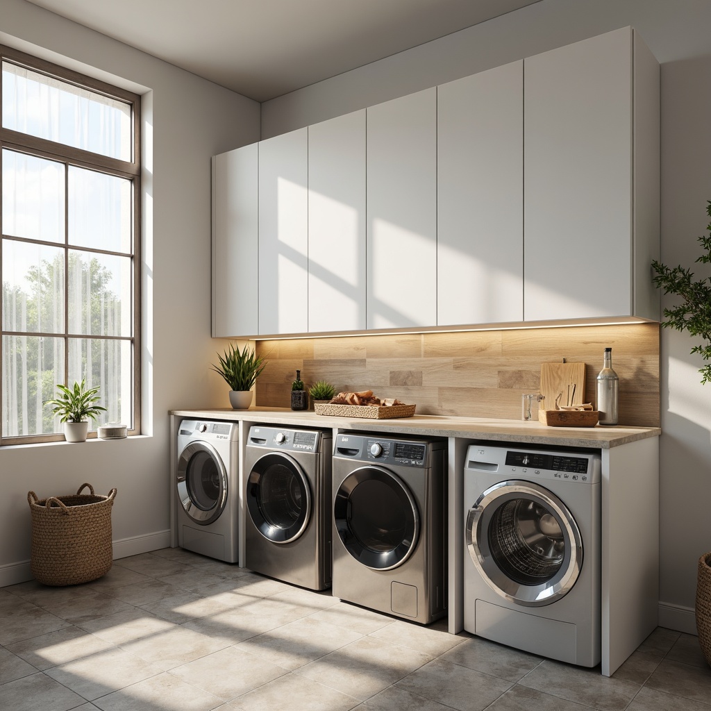 Prompt: Practical laundry room, sleek modern appliances, stainless steel washing machines, white cabinets, tile flooring, task lighting, under-cabinet LED lights, soft warm ambient light, natural daylight, large windows, sheer curtains, minimalist decor, functional layout, ergonomic workspace, 3/4 composition, shallow depth of field, realistic textures, ambient occlusion.