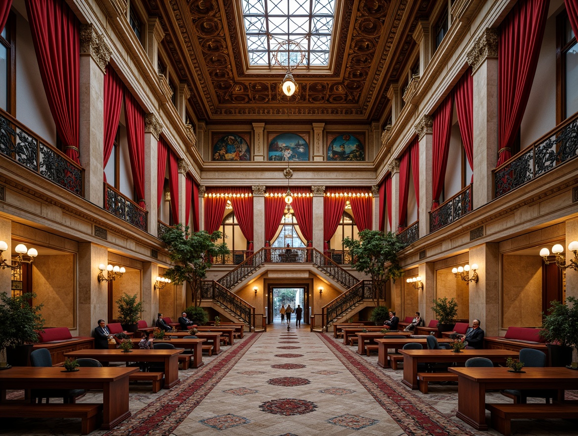 Prompt: Grand cultural center, ornate moldings, intricately carved wooden decorations, opulent chandeliers, rich velvet drapes, lavish furnishings, majestic staircases, intricate tile work, vibrant colorful murals, stained glass windows, imposing stone fa\u00e7ade, classic Victorian architecture, symmetrical composition, dramatic lighting effects, warm golden hour, shallow depth of field, 1/1 composition, realistic textures, ambient occlusion.