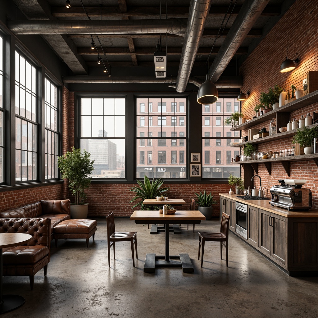 Prompt: Exposed brick walls, metal beam ceilings, reclaimed wood accents, industrial-style lighting fixtures, concrete floors, steel tables, vintage manufacturing equipment displays, urban cityscape views, morning sunlight, warm atmospheric lighting, shallow depth of field, 3/4 composition, realistic textures, ambient occlusion, modern minimalist decor, distressed leather sofas, metallic coffee machines, edgy artwork, rustic wooden shelves, pendant lamps, open kitchen layout, aroma of freshly brewed coffee.