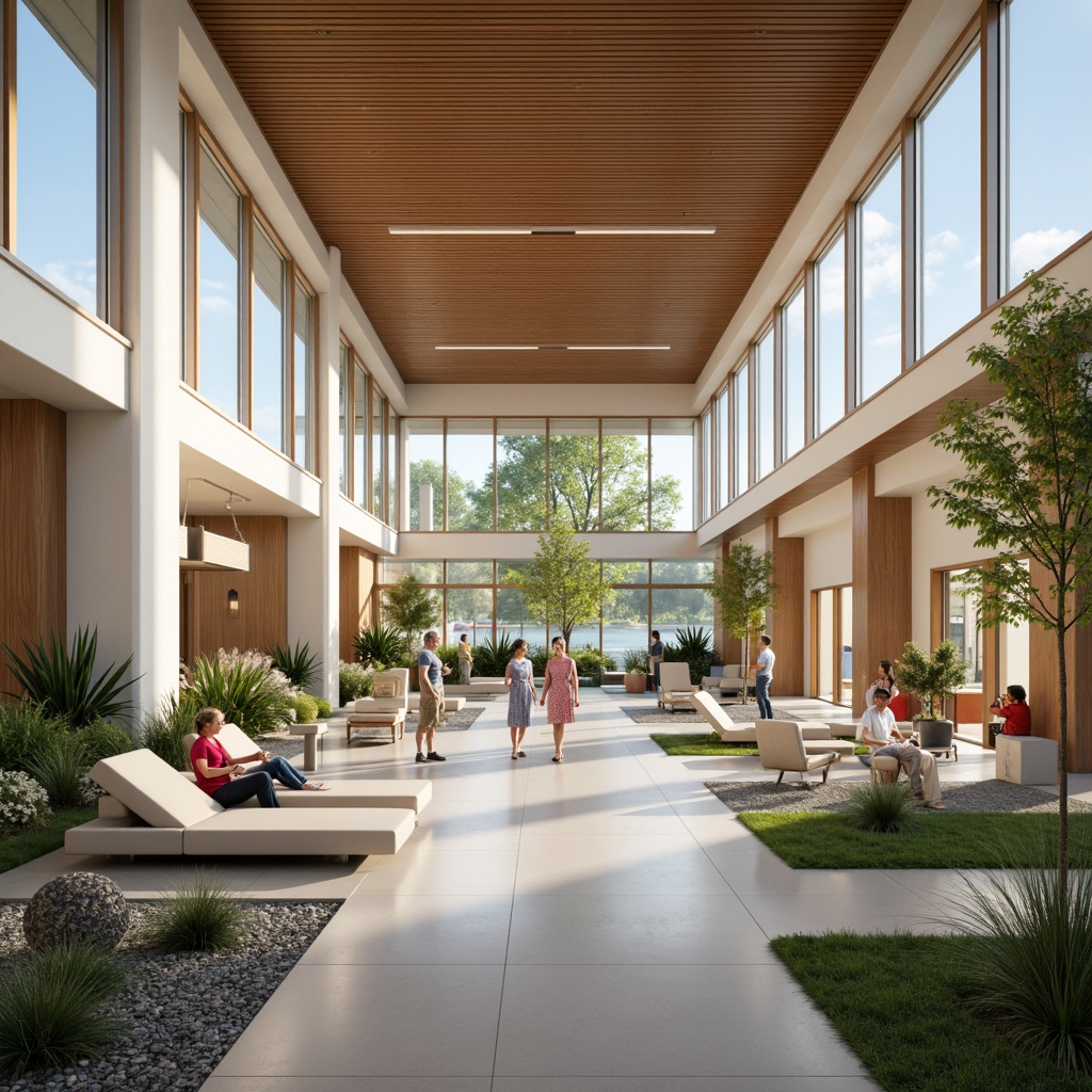 Prompt: Modern rehabilitation center, open floor plan, natural light, calming colors, comfortable seating areas, spacious therapy rooms, state-of-the-art medical equipment, soft warm lighting, wooden accents, minimal decor, accessible ramps, wide corridors, private patient rooms, serene outdoor gardens, walking paths, peaceful water features, gentle soundscape, 1/1 composition, shallow depth of field, realistic textures.