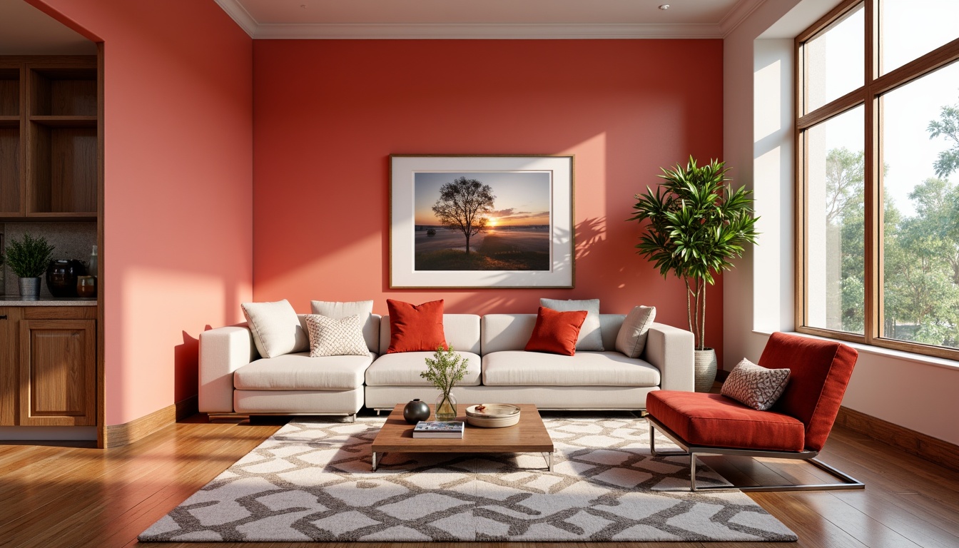 Prompt: Vibrant living room, bold accent walls, bright coral hue, sleek modern furniture, polished chrome legs, plush velvet throw pillows, geometric patterned rug, natural wood flooring, floor-to-ceiling windows, abundant sunlight, warm cozy atmosphere, softbox lighting, shallow depth of field, 1/1 composition, realistic textures, ambient occlusion.