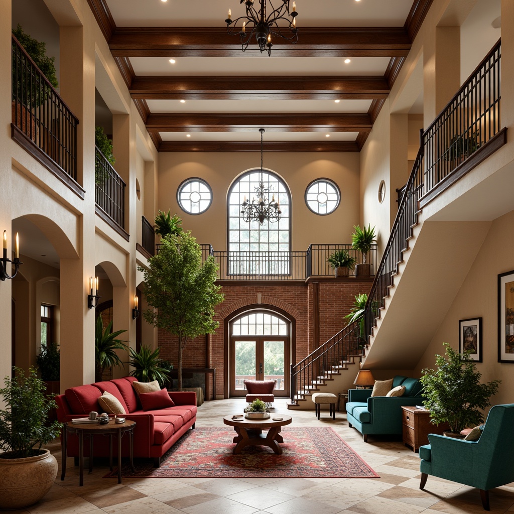 Prompt: Rich wood accents, ornate moldings, grand staircases, polished marble floors, warm beige walls, soft cream ceilings, rustic brick archways, vintage decorative fixtures, eclectic furniture pieces, bold turquoise accents, deep crimson reds, muted sage greens, luxurious velvet fabrics, intricate patterned rugs, natural light pouring through stained glass windows, dramatic chandelier lighting, 3/4 composition, shallow depth of field, realistic textures, ambient occlusion.