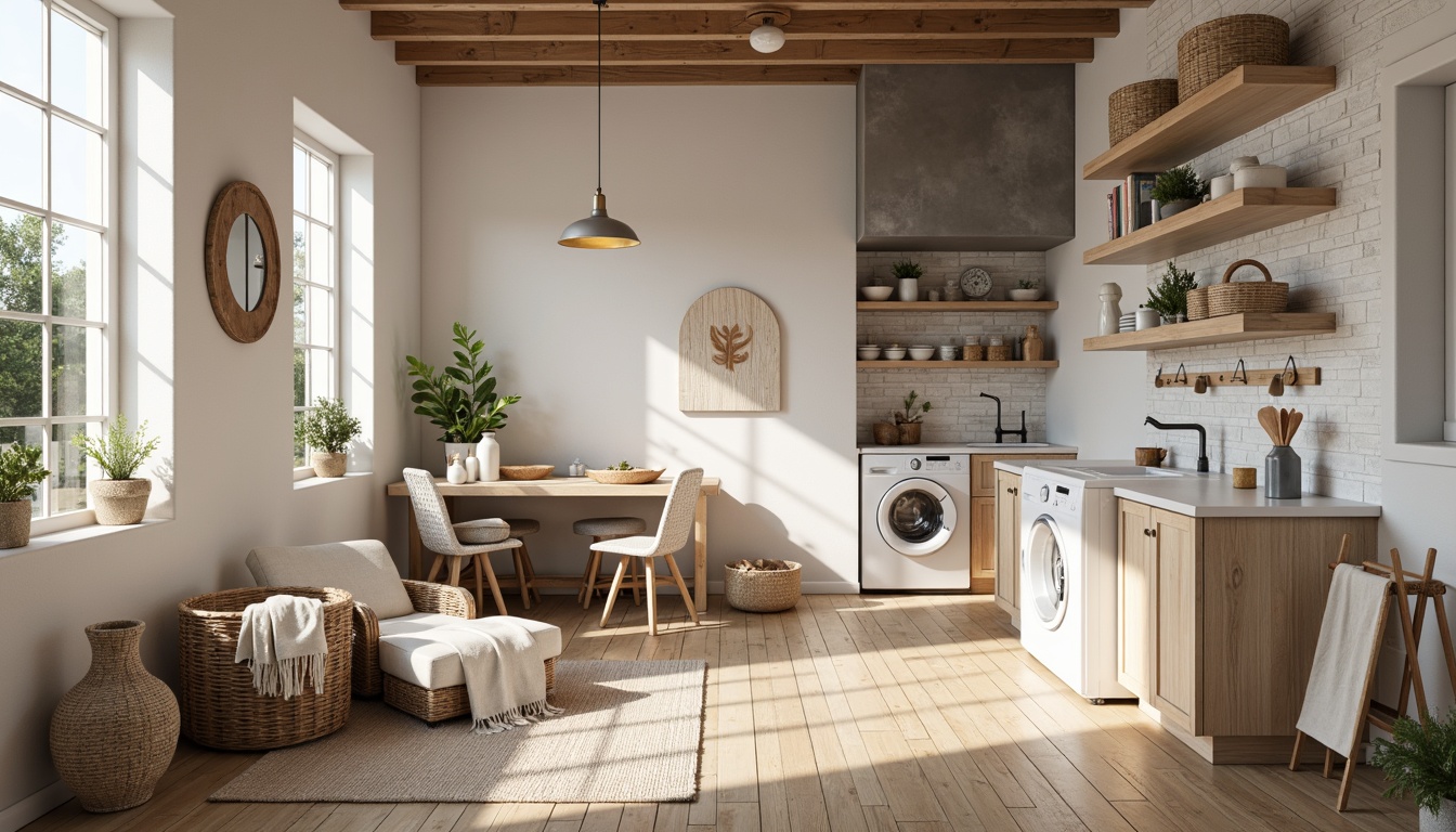 Prompt: Cozy Scandinavian laundry room, wooden floors, soft pastel colors, natural textiles, woven baskets, linen fabrics, subtle patterns, minimalist design, modern appliances, sleek countertops, warm pendant lighting, industrial metal accents, rustic wooden shelves, natural stone walls, earthy tones, organic textures, shallow depth of field, 1/1 composition, softbox lighting, ambient occlusion.