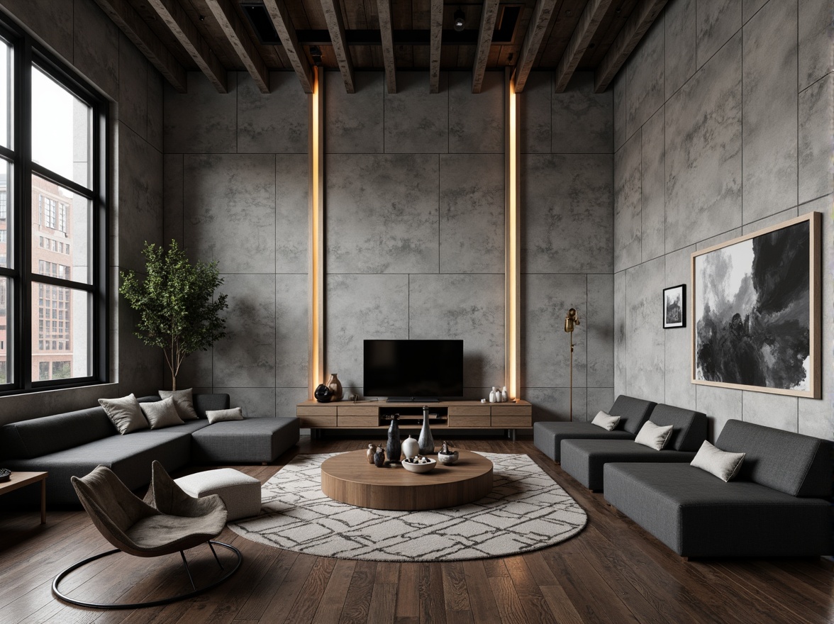 Prompt: Exposed concrete walls, industrial chic, modern minimalist decor, sleek metal accents, polished wooden floors, geometric patterns, monochromatic color scheme, urban loft atmosphere, dramatic lighting effects, low-key ambient glow, shallow depth of field, 1/2 composition, realistic textures, ambient occlusion.