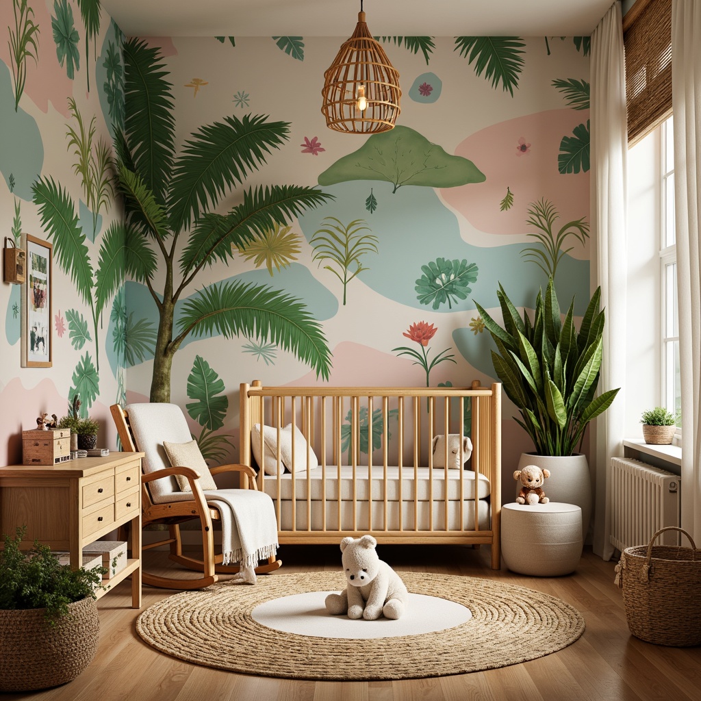 Prompt: Vibrant tropical nursery, exotic palm trees, colorful floral patterns, woven rattan furniture, plush jungle-inspired toys, soft pastel hues, natural wood accents, woven bamboo blinds, sheer white curtains, whimsical mobiles, delicate fairy lights, 1/1 composition, warm golden lighting, shallow depth of field, realistic textures, ambient occlusion.