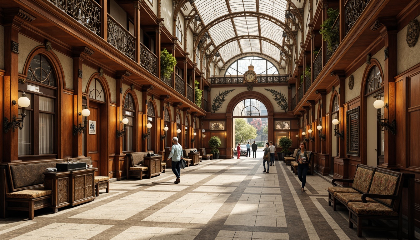 Prompt: Intricate Victorian-style bus station, ornate facades, decorative cornices, grand entrance arches, stained glass ceilings, patterned tile floors, vintage luggage carts, wooden benches, antique clock towers, intricate metalwork, floral patterns, rich wood tones, warm golden lighting, shallow depth of field, 1/2 composition, realistic textures, ambient occlusion.