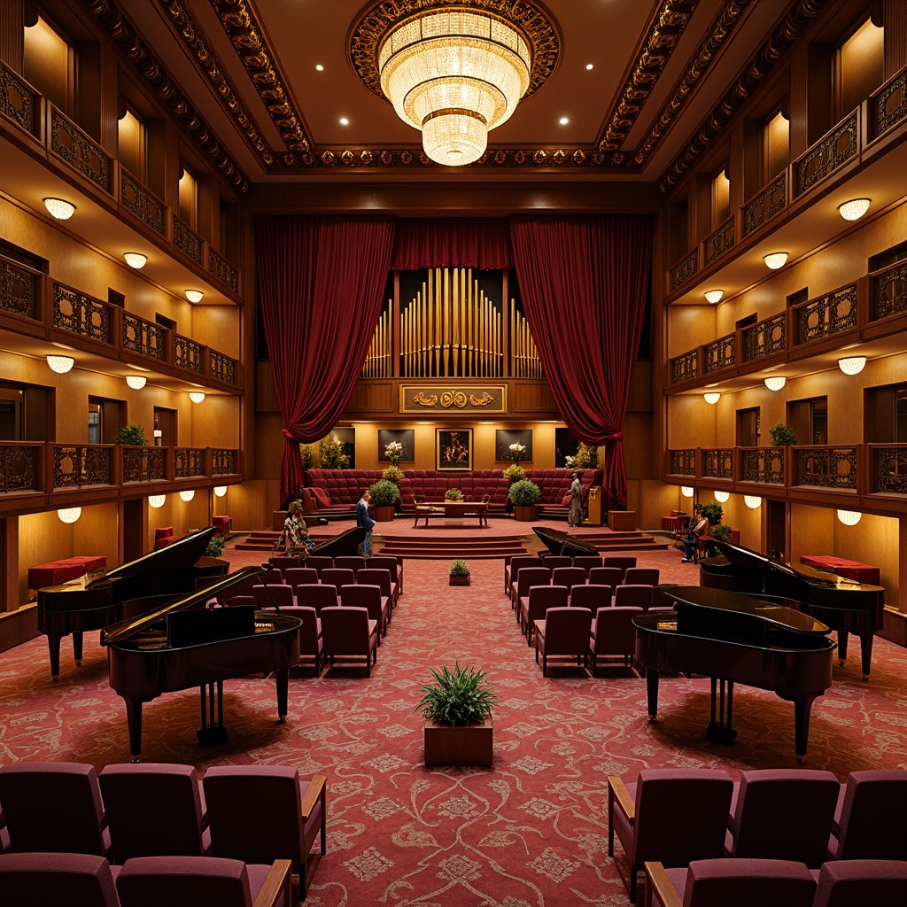 Prompt: Intimate concert hall, ornate wood paneling, rich velvet curtains, polished grand pianos, elegant chandeliers, refined acoustic systems, tiered seating, classic architecture, warm golden lighting, subtle shadows, shallow depth of field, 2/3 composition, soft focus, realistic textures, ambient occlusion, luxurious carpets, intricate moldings, ornamental balconies, majestic columns, vintage music instruments, nostalgic ambiance.