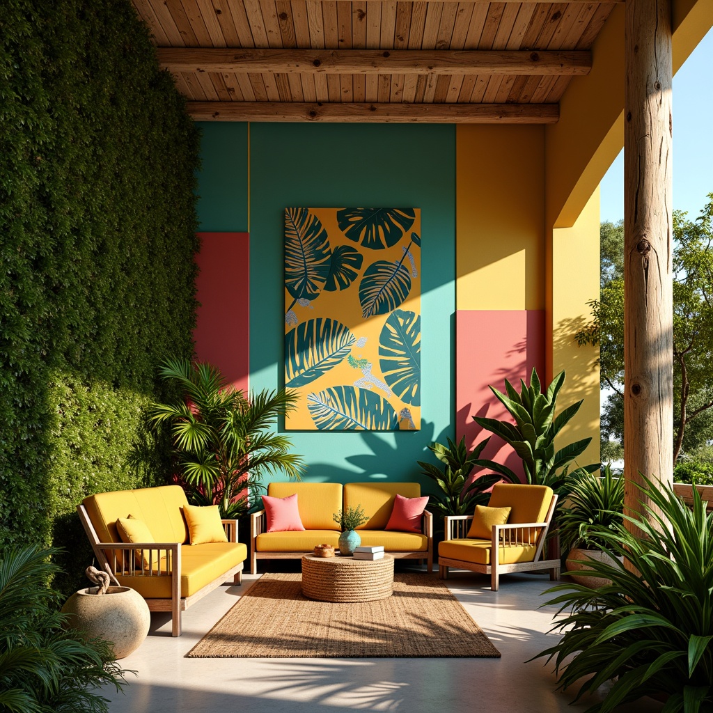 Prompt: Vibrant tropical interior, lush greenery, exotic wood accents, bold bright colors, turquoise hues, sunny yellow tones, coral pink shades, natural woven textiles, rattan furniture, palm tree silhouettes, floral patterns, abstract leaf motifs, warm golden lighting, soft focus, shallow depth of field, 1/1 composition, intimate atmosphere.