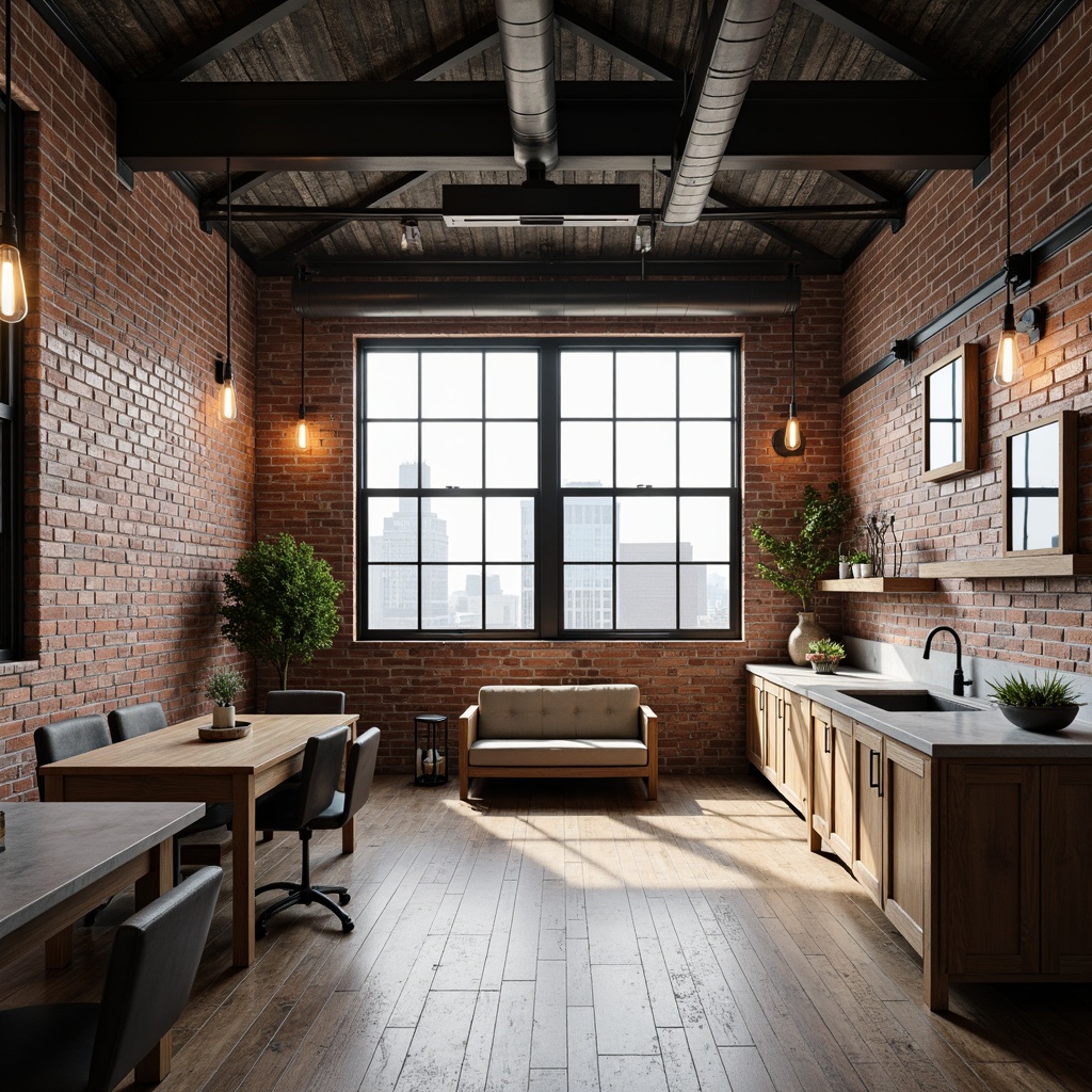 Prompt: Exposed brick walls, metal beams, reclaimed wood floors, industrial-style lighting fixtures, concrete countertops, minimalist decor, urban loft atmosphere, neutral color palette, functional furniture pieces, Edison bulb pendants, steel windows, distressed finishes, raw textures, modern architectural details, functional spaces, open floor plans, high ceilings, cityscape views, soft natural light, subtle shading, 1/1 composition, realistic materials, ambient occlusion.