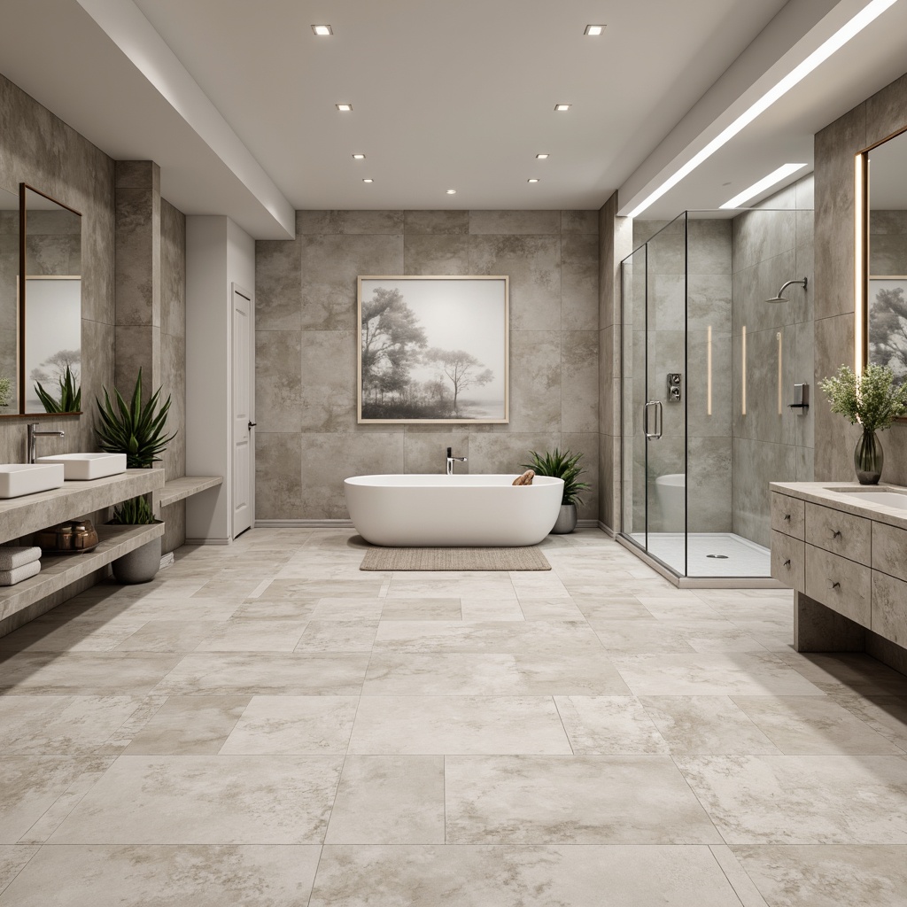 Prompt: Marble-inspired tile flooring, soft gray and beige hues, subtle pattern variations, elegant bathroom fixtures, sleek shower enclosures, modern freestanding tubs, spacious walk-in showers, rainfall showerheads, LED lighting strips, warm ambient illumination, polished chrome accents, minimalist wall decor, natural stone vanity tops, large format tiles, herringbone patterns, 3D texture effects, shallow depth of field, realistic reflections, panoramic view.