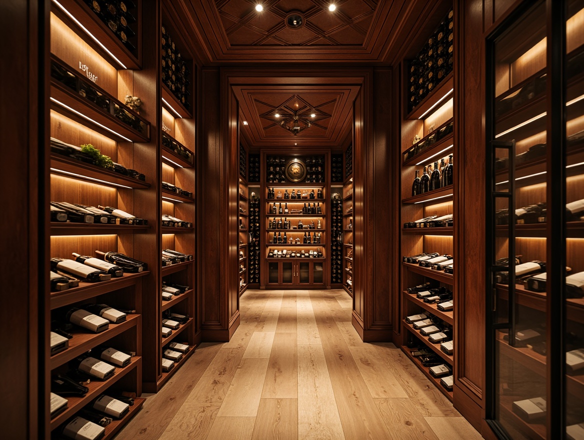 Prompt: Elegant wine cellar, rich wood tones, subtle lighting, exotic Asian-inspired design, intricate carvings, lacquered finishes, premium materials, climate-controlled environment, humidity sensors, temperature regulation systems, floor-to-ceiling shelves, minimalist metal frames, LED strip lighting, ambient warm glow, soft focus, shallow depth of field, 1/2 composition, realistic wood textures, detailed labels, wine bottle silhouettes.