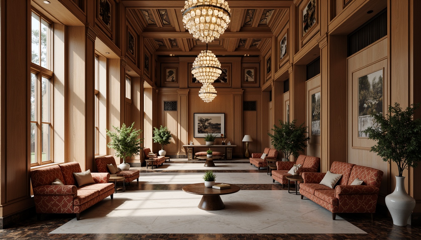 Prompt: Grand banking hall, high ceilings, ornate chandeliers, marble floors, wooden paneling, elegant furniture, classic lines, luxurious upholstery, rich fabrics, subtle patterns, neutral colors, sophisticated ambiance, soft warm lighting, subtle shadows, 1/1 composition, realistic textures, ambient occlusion.