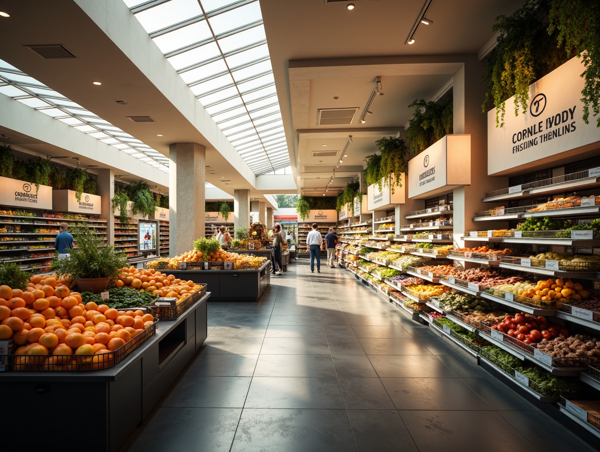 Prompt: Vibrant grocery store interior, warm inviting atmosphere, natural light pouring through large skylights, soft LED ambient lighting, high-intensity task lighting on shelves, colorful produce displays, modern minimalist shelving units, polished chrome accents, creamy white walls, sleek black floors, bustling shopping activity, morning sunlight, gentle warm glow, shallow depth of field, 1/1 composition, realistic textures, subtle shadows.