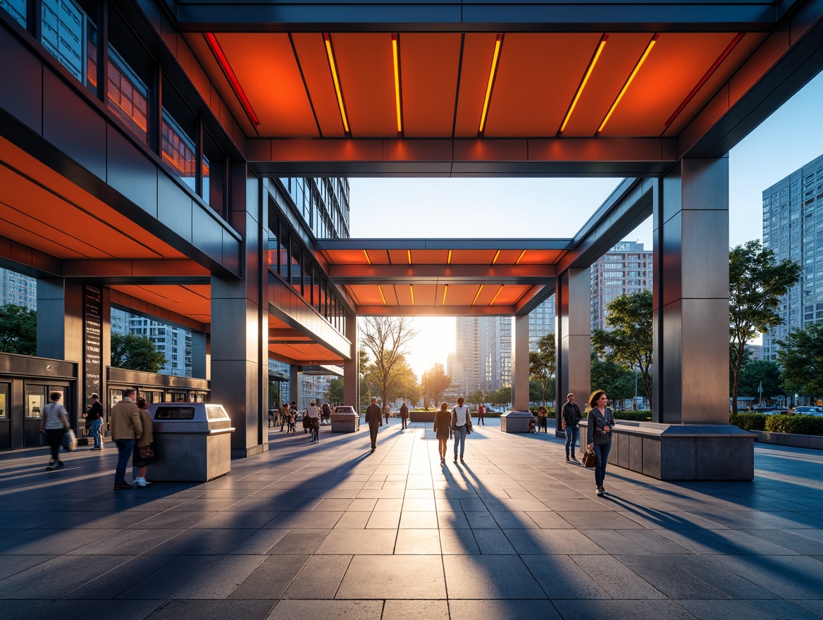 Prompt: Vibrant metro station interior, sleek modern architecture, bold color accents, geometric patterns, stainless steel beams, polished granite floors, dynamic LED lighting, futuristic signage, urban cityscape views, morning rush hour atmosphere, soft warm glow, shallow depth of field, 1/2 composition, realistic textures, ambient occlusion.