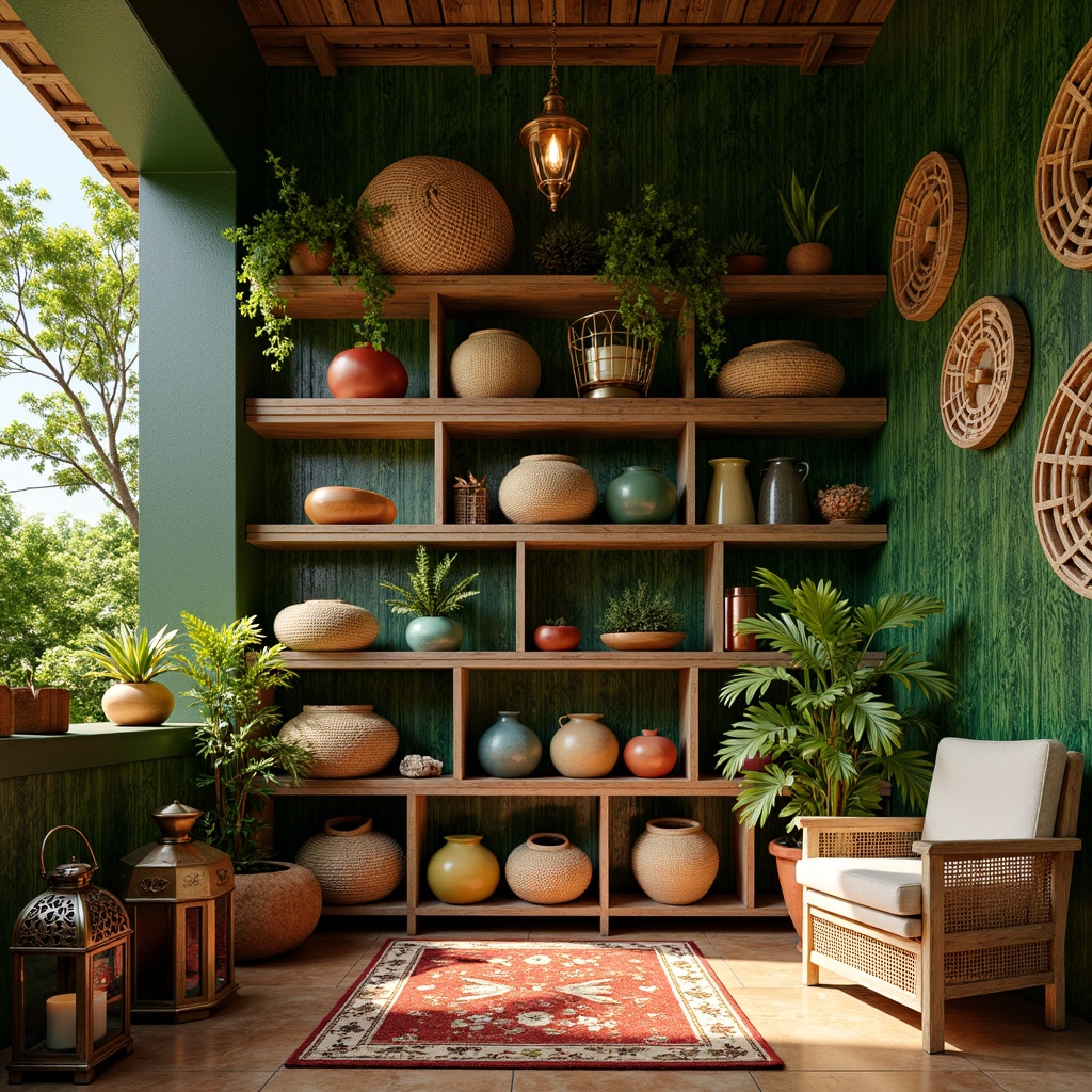 Prompt: Vibrant tropical storage room, lush green walls, exotic wood shelves, woven rattan baskets, colorful ceramic vases, natural fiber rugs, reclaimed wood crates, ornate metal lanterns, warm golden lighting, shallow depth of field, 1/1 composition, intimate focus, soft warm textures, ambient occlusion.