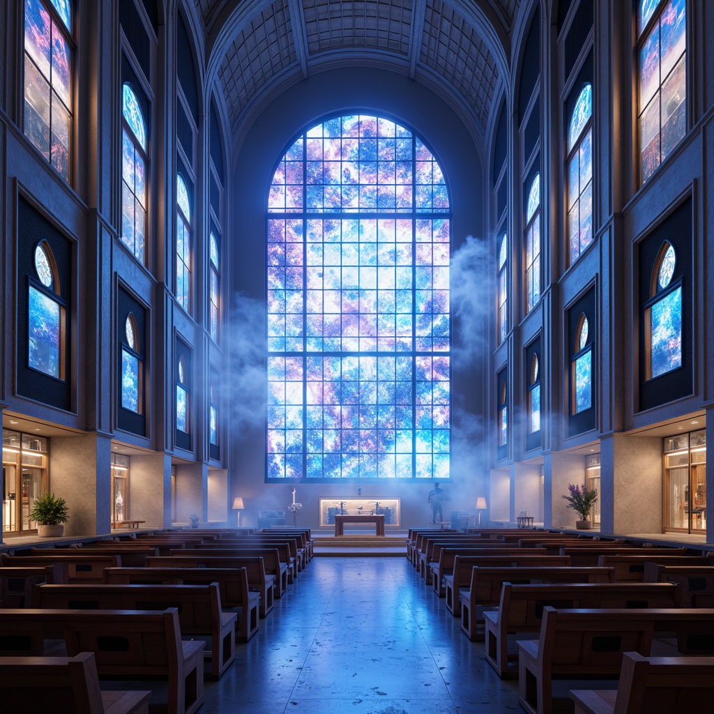 Prompt: Celestial cathedral, iridescent stained glass windows, luminescent LED lighting, holographic projections, ethereal mist, nebula-inspired murals, aurora-like color transitions, sleek metallic accents, minimalist sacred symbols, futuristic pews, levitating prayer platforms, glowing altarpieces, neon-lit nave, shimmering crystals, immersive virtual reality experiences, 360-degree panoramic views, atmospheric soundscapes, subtle ambient occlusion.