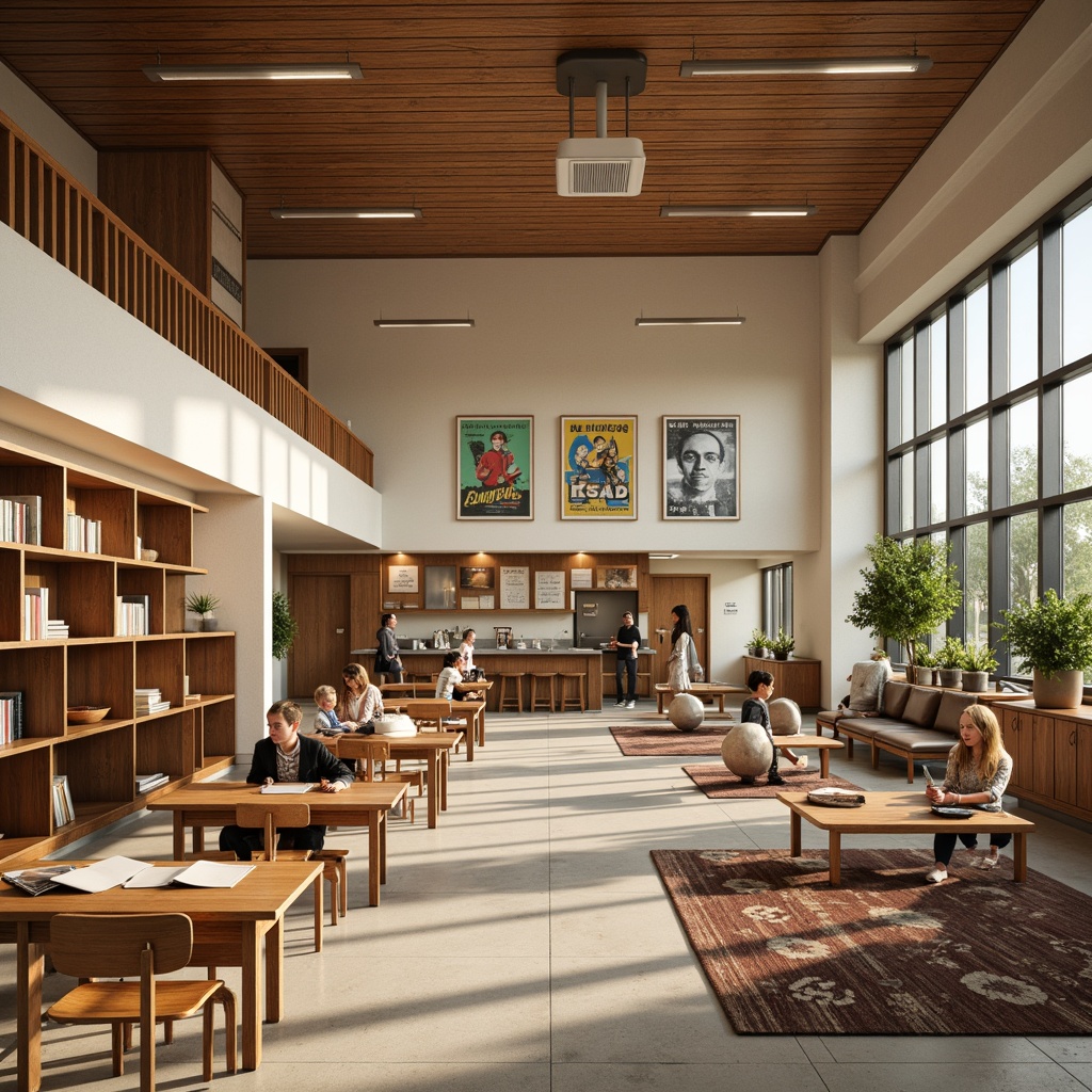 Prompt: Mid-century modern school interior, wooden desks, ergonomic chairs, vintage-inspired lighting fixtures, minimalist decor, natural wood accents, earthy color palette, abundant daylight, large windows, open floor plan, collaborative learning spaces, modular shelving units, geometric patterned rugs, retro-style posters, educational displays, cozy reading nooks, comfortable lounge seating, soft warm lighting, shallow depth of field, 3/4 composition, realistic textures, ambient occlusion.