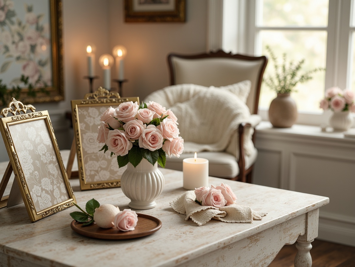 Prompt: Distressed wooden furniture, soft pastel hues, pale pink roses, vintage lace details, rustic metal accents, creamy whites, warm beige tones, faded floral patterns, ornate gold frames, distressed finishes, romantic candlelight, shallow depth of field, 1/1 composition, realistic textures, ambient occlusion.